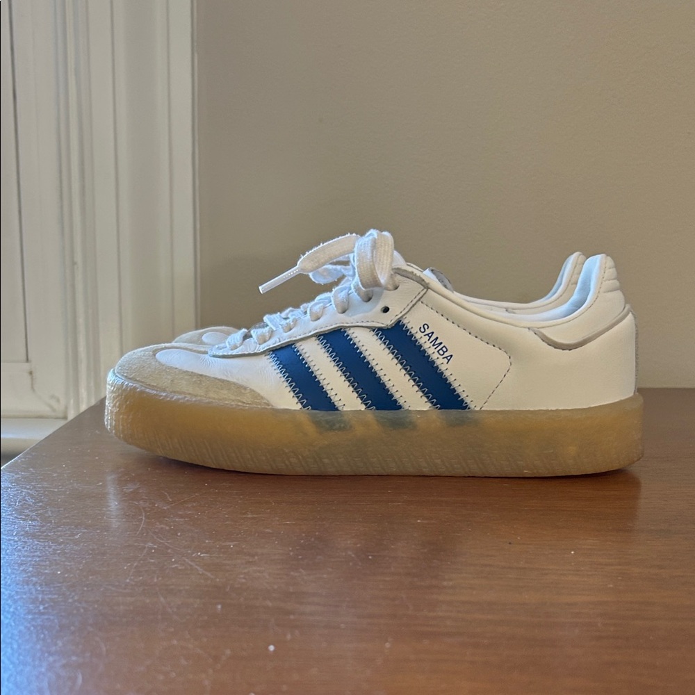 adidas Samba White Sneakers with Blue Stripes and Gum Sole